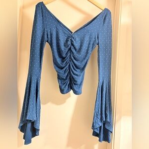 We The Free Teal Ruched Flare Sleeve Blouse